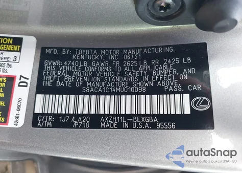 2021 Lexus Es 300H from USA, damaged, VIN 58ACA1C14MU010098